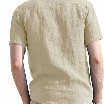 Foreign Trade Cross-Border Men's Henry Collar Solid Color Pocket Short-Sleeved Shirt Amazon European and American Men's Cotton and Linen Shirts