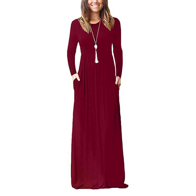 2023 autumn and winter New Amazon cross-border supply round neck long sleeve solid color casual pocket dress mop dress