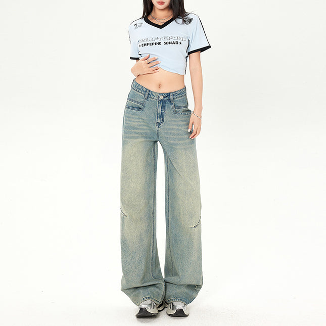 American Style High Street Wide Leg Jeans Women's Spring and Summer 2025 New light blue Straight High Waist Loose Slim Look Mop Pants