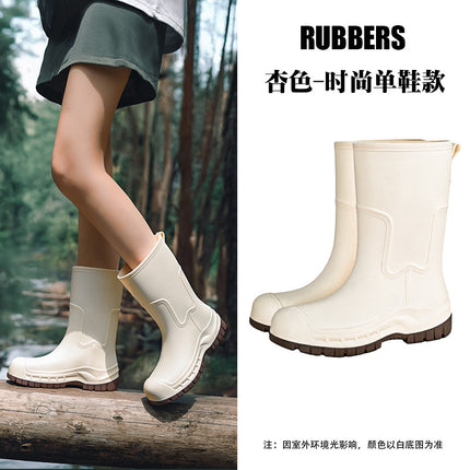 Korean and Japanese Cross-Border Women's Mid-Calf Outdoor Non-Slip Water Shoes, Thick-Soled Water Boots, Fleece-Lined Rubber Shoes, Rain Boots, Waterproof