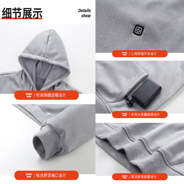 New Cross-Border Winter Smart USB Heated Thermal Sweatshirt Electric Heating Constant Temperature Single Control Five-Zone Hooded Couple Model