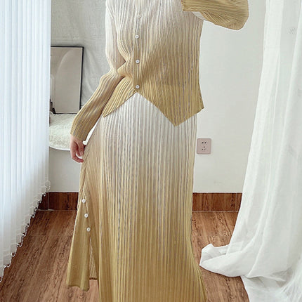 Miyake Pleated Women's Clothing with a Complete Set of Clothes, Feminine Gradient Jacket, Pleated Skirt Two-Piece Set