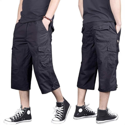 Magnivit Men's Cropped Pants Long Elastic Cargo Shorts Below Knee Shorts 3\/4 Cotton Cargo
