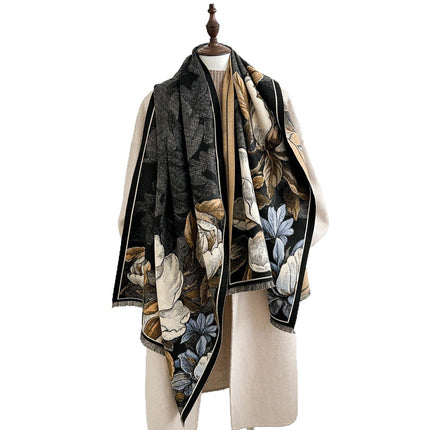 Autumn and Winter Imitation Cashmere Versatile Cold-Proof Scarf for Women, Fashionable and Elegant Large Flower Brushed Scarf, Thickeneded and Warm Large Shawl