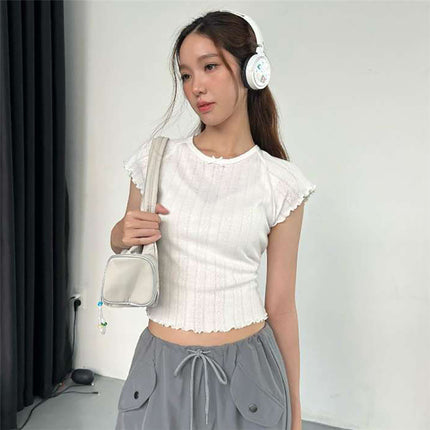 Ins European and American Style 2025 Spring and Summer Women's New Products Sweet Girly Style Pure Color Personalized Round Neck Slim Short-Sleeved T-Shirt for Women