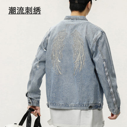 2025 New Autum Trendy Brand Motorcycle Jacket Tops Light Retro Wings Embroidered Ripped Denim Jacket for Men