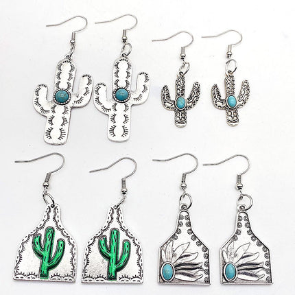 Cross-border new Cactus earrings retro ethnic style concave-convex turquoise flower pendant personalized distressed earrings