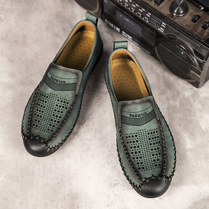 Cross-Border Hot-Selling Spring and Summer New Products Hand-Stitched Casual Men's Shoes Fashionable Hollow Versatile Breathable Genuine Leather Beanie Shoes