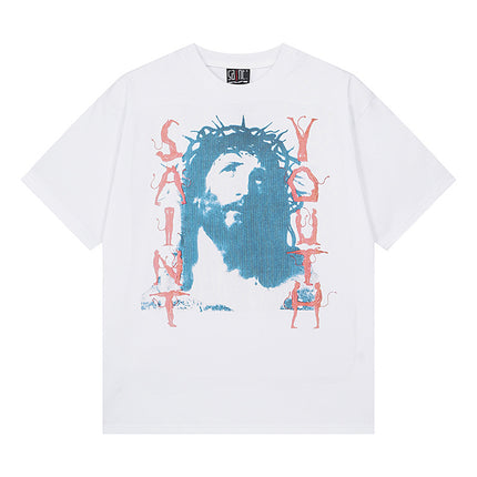 Saint Michael Cho Big Face European and American Retro Washed and Distressed Commemorative Portrait Short-Sleeved T-Shirt Trendy