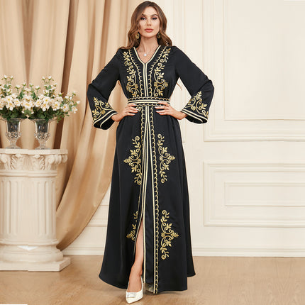 3346 Long Dress Set with Slit and Long Sleeves, Autumn and Winter Women's Wear, Embroidered Clothing Two-Piece Dress Set