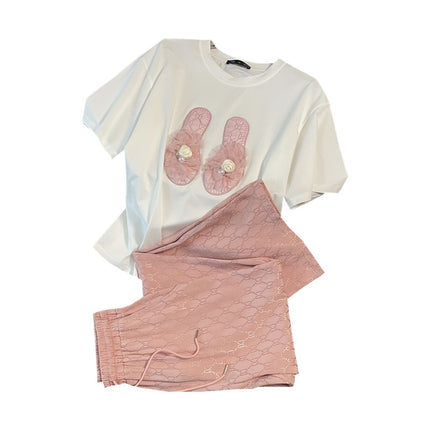 2024 Summer TikTok Explosions High-end Embroidered Beads Handmade Bead T-Shirt Women's Floating Embroidered Pants Women