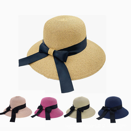 Paper woven straw basin hat bow sun protection straw hat windproof sun hat travel straw hat face slimming lady hat