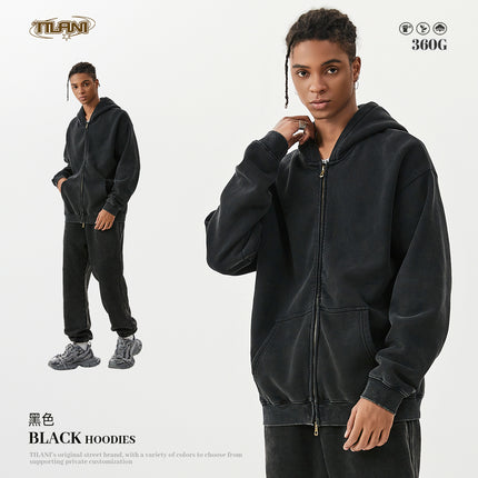TILANI men's sweater cardigan fleece-lined thickened zipper coat 360g washed vintage waxed casual hoodie