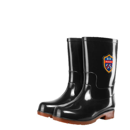 Double-Layer Black Mid-High Rain Boots with Labor Protection, Cow Tendon Sole, Non-Slip Rubber Shoes for Rainy Days, Outdoor Work Shoes for Men, Water Shoes