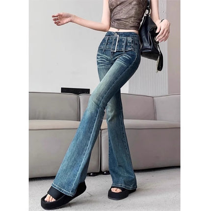 Vintage Belt Micro-flare Jeans Women's Trendy All-match Stretch Slim-fit High Waist Slimming Horseshoe Trumpet Long Pants