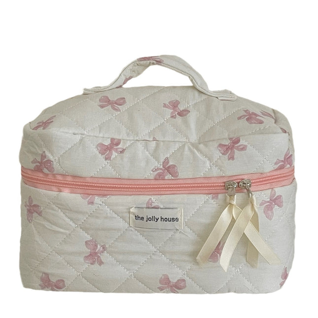 Blue Powder Satin Bow Makeup Bag Student Fresh Style Portable Large Capacity Toiletry Bag Quilted Sundries Storage Bag