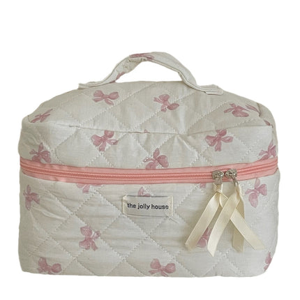 Blue Powder Satin Bow Makeup Bag Wash Bag Student Pink Sweet Portable Large Capacity Quilted Storage Bag