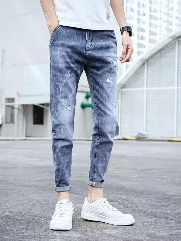 Men's Trendy Summer Thin Light-Colored Slim Fit Skinny Stretch Casual Straight Versatile Washed Jeans