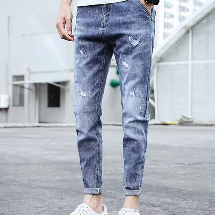 Men's Trendy Summer Thin Light-Colored Slim Fit Skinny Stretch Casual Straight Versatile Washed Jeans