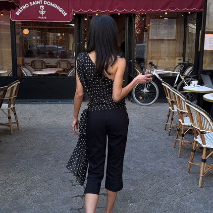 Ins European and American Cross-Border Hot-Selling Women's Clothing Polka-Dot Slant Collar Exposed Navel Asymmetrical Casual Sexy Niche Short Vest for Women