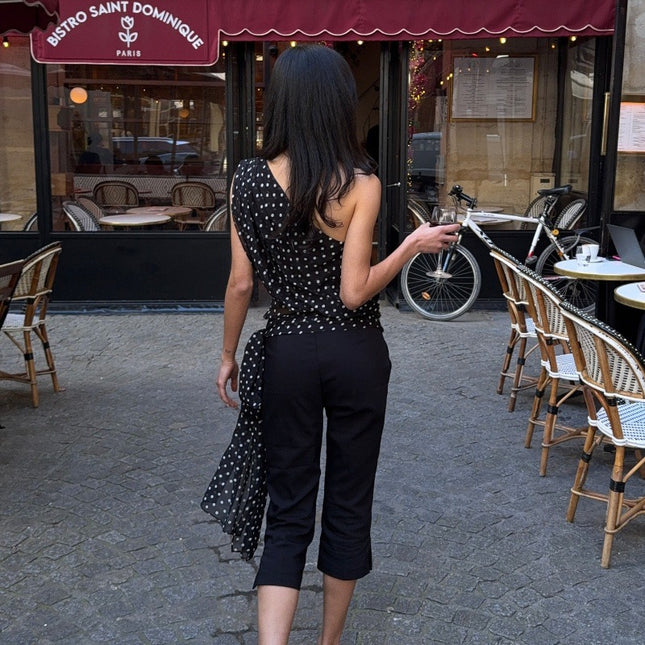 Ins European and American Cross-Border Hot-Selling Women's Clothing Polka-Dot Slant Collar Exposed Navel Asymmetrical Casual Sexy Niche Short Vest for Women