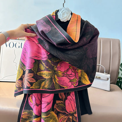 Autumn and Winter Imitation Cashmere Versatile Cold-Proof Scarf for Women, Fashionable and Elegant Large Flower Brushed Scarf, Thickeneded and Warm Large Shawl