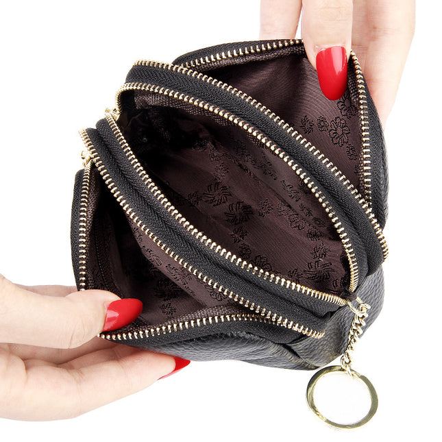 European and American First-Layer Cowhide Simple and Fashionable Mini Clutch Bag Three-Zip Coin Bag Key Coin Purse Genuine Leather