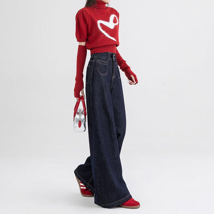 American-style Tannin Blue Wide Leg Jeans Women's 2024 Autumn and Winter New American-style All-match High Waist Loose Mop Pants