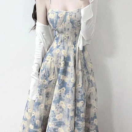 Tea Break French Pure Desire Blue Oil Painting Dress Women's Summer New Fairy Floral Waist Suspender Mid-Length Skirt