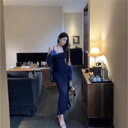 Pure Lust Hot Girl Sexy Pure Color Suspender Dress Tight Waist Knitted Hip Skirt Elegant Niche Mid-Length Skirt