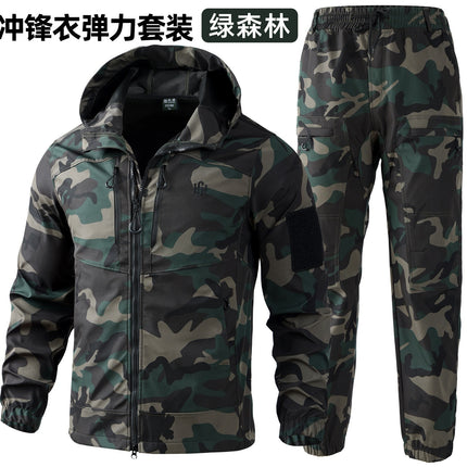 Outdoor assault clothing overalls suit men's spring and autumn elastic tooling labor protection clothing wear-resistant camouflage clothing hooded training clothing