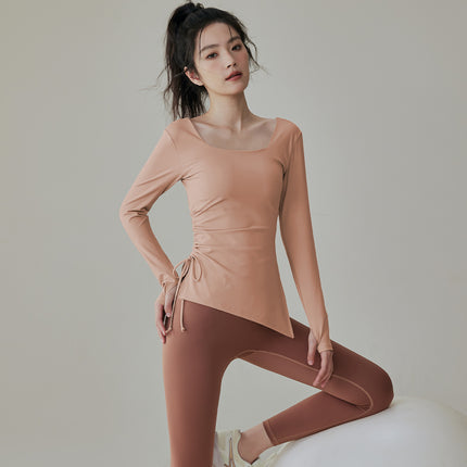 Yoga Suit with Chest Mat Long Sleeve Women's Drawstring Sports Top Professional Autumn and Winter Running Pilates Training Fitness Suit