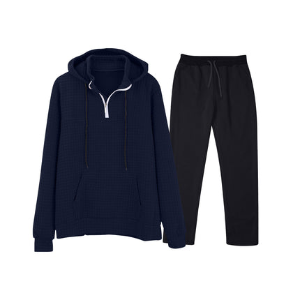 European and American Cross-Border Long-Sleeved Waffle Top Aliexpress Solid Color Drawstring Pocket Hoodie Sweatshirt and Sweatpants Set