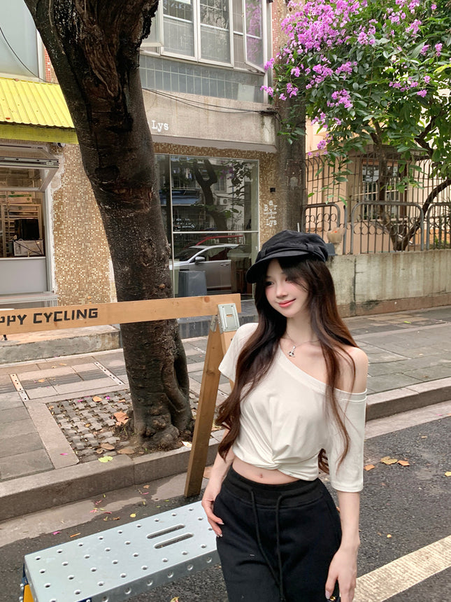 Gray Off-Shoulder Short-Sleeve T-Shirt for Women, Summer Design with a Unique Twist, Off-Shoulder Slim-Fit Crop Top for a Hot Girl Look