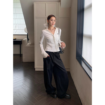 JIAMU American Style High Street Pleated Pants Retro Baggy Loose Wide Leg Neutral Scimitar Casual Pants for Men and Women