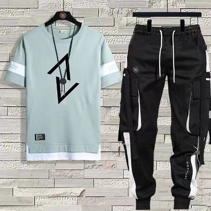 Short-Sleeved T-Shirt Men's Summer Thin Casual Trendy Long Pants Sports Suit Men's Set Loose Half-Sleeved T-Shirt