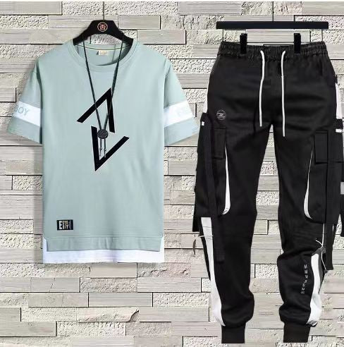 Short-Sleeved T-Shirt Men's Summer Thin Casual Trendy Long Pants Sports Suit Men's Set Loose Half-Sleeved T-Shirt