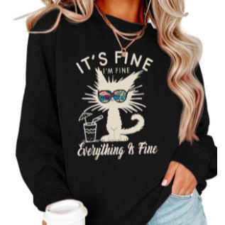 It's fine cat printed crew neck ladies jacket sweater coat Europe and the United States autumn and winter Amazon cross-border