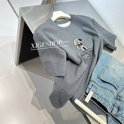 Cartoon Puppy Towel Velvet Embroidered Short-sleeved T-shirt Women's Loose All-match Slimming Casual Shape Crewneck Top for Early Spring