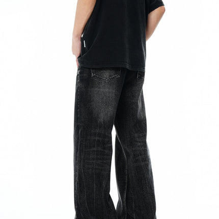 11KN American Retro High Street Lightning Crack Washed Jeans Old Cat Whiskers Loose Micro-pants Jeans