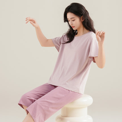 Summer Women's Pet Skin-feeling Cool Cotton Morandi Color-based Home Clothes Girl's Short-sleeved Cropped Pants Pajamas with Chest Pad