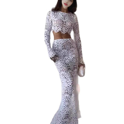 Amazon summer new perspective stitching dress fashion hot sexy deep collar bell sleeve dress