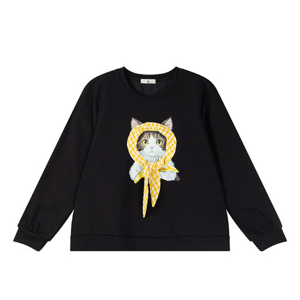 Shuangtian 2025 New Autum Fat Girl Plus Size Women's Sweatshirt Sweet Kitten Turban Round Neck Sweatshirt Women 9052