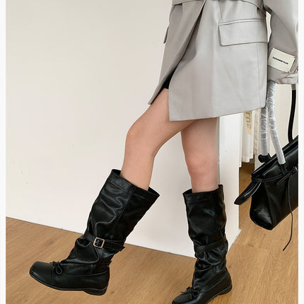 Sheepskin Version ~2025 New Personalized Ballet Style Genuine Leather Boots for Women with Bow Belt Buckle Pleated Work Boots
