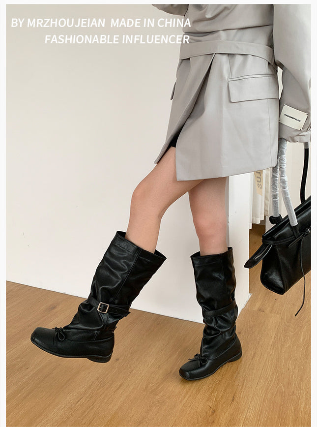 Sheepskin Version ~2025 New Personalized Ballet Style Genuine Leather Boots for Women with Bow Belt Buckle Pleated Work Boots