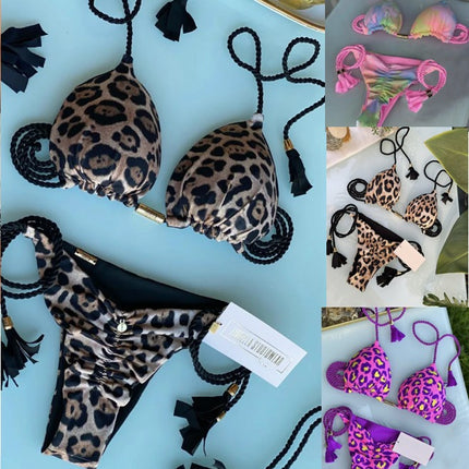 European and American Cross-border New Women's Triangle Bag Rope Bikini Solid Color Sexy Pendant Tassel Swimsuit Women's Bikini