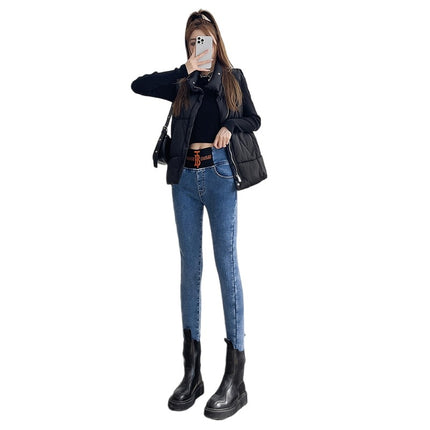 High-Waisted Women's Pencil Jeans, New Slim-Fit Skinny Pants, Stretchy, Slimming, Fleece-Lined, Thickened, Trendy Women's Pencil Pants