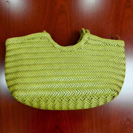 Dragon Same Style French Style Woven Vegetable Basket Bag Women's Genuine Leather Shoulder Bag Vintage Handmade Bag Ins Style
