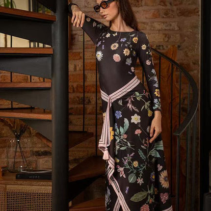 2026 Cross-Border Amazon Sunscreen Retro Beach Dress Set One-Piece Swimsuit Women's Vacation Printed Long-Sleeved Bikini