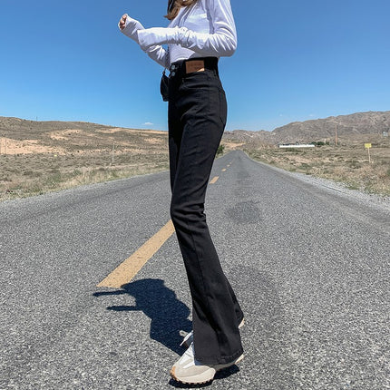 Fleece-Lined Thick Black Flared Jeans with Slits for Women, High-Waisted, Slimming, Autumn and Winter 2025 New Style, Extended Length Pants